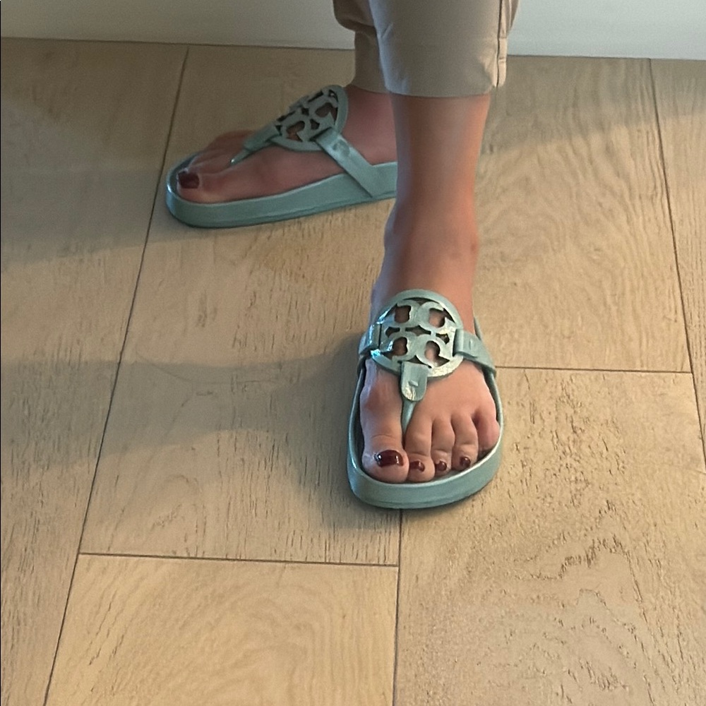 Tory Burch Blue Sandals with Medallion Design miller cloud with green dust bag
